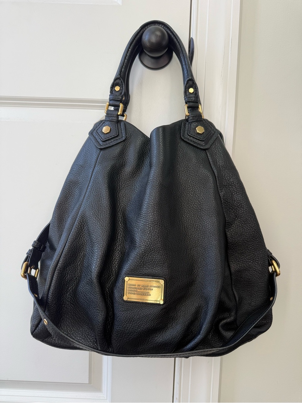 Marc by Marc Jacobs Black Pebbled Leather Shoulder Bag with Gold Plate
